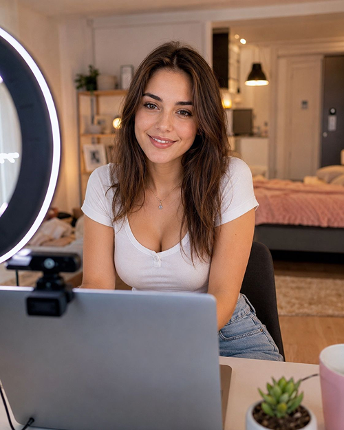 Female content creator at home studio setup with webcam and ring light