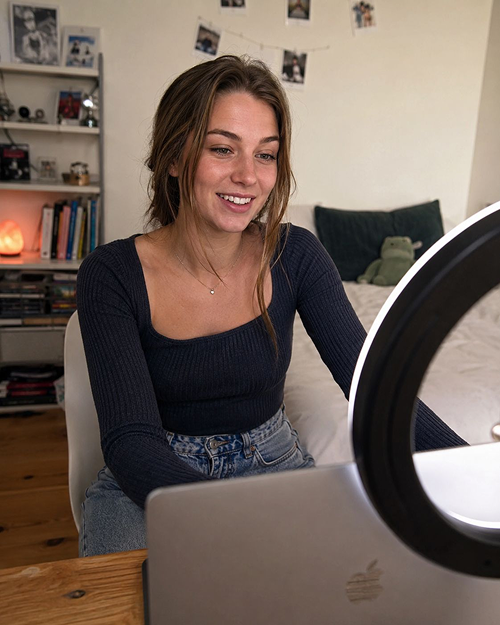 Webcam model smiling at camera during live stream session